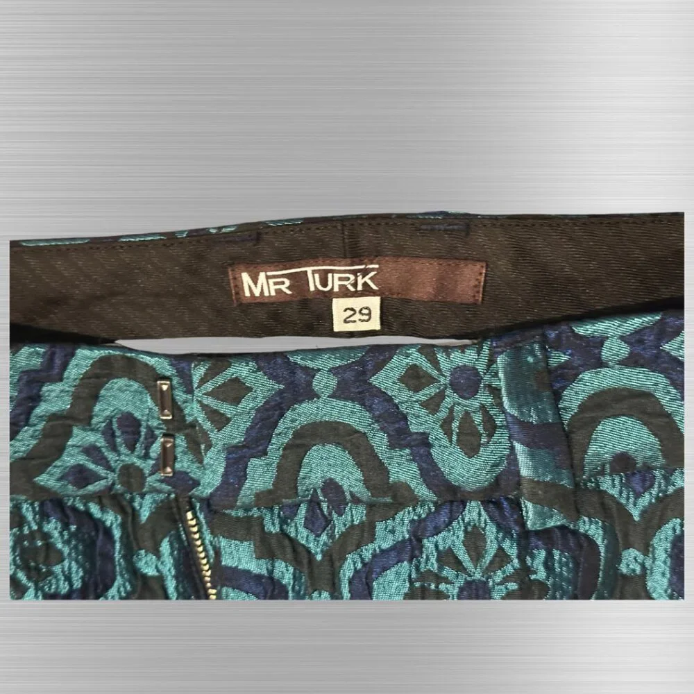 Men's Patterned Blue Teal Stretch Pants - Picture 3 of 7